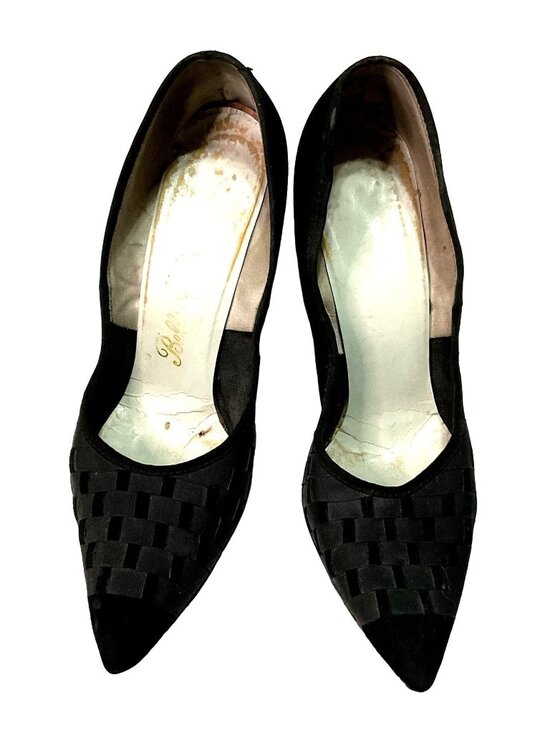 Belle Mode Shoes - Vtg Belle Mode Black Suede Heels Sz 7 Ribbon Accents 3.5" Heel Pointed Toe Women